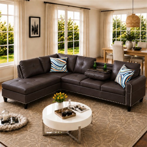 Brown leather l shaped - 98",